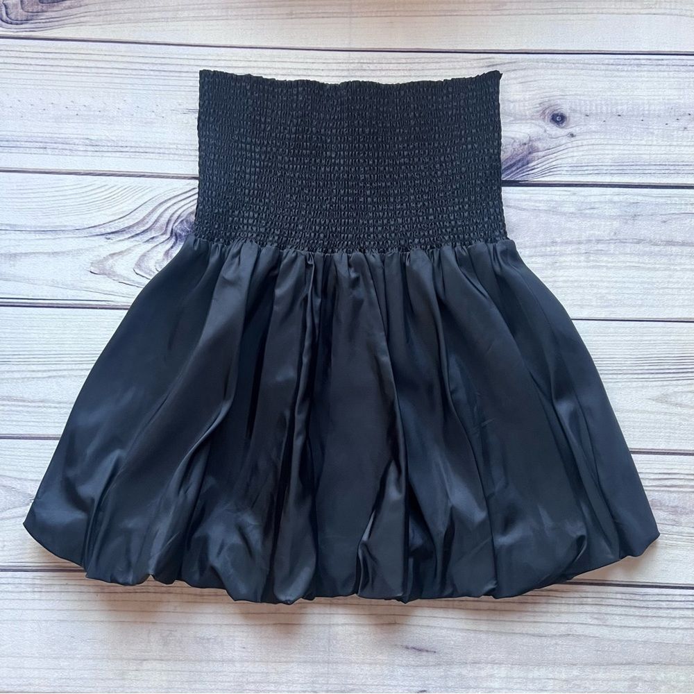 Samuel Dong Black Strapless Smocked Mini Bubble Dress